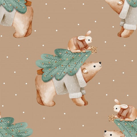 Muslin cute bears holding a Christmas tree
