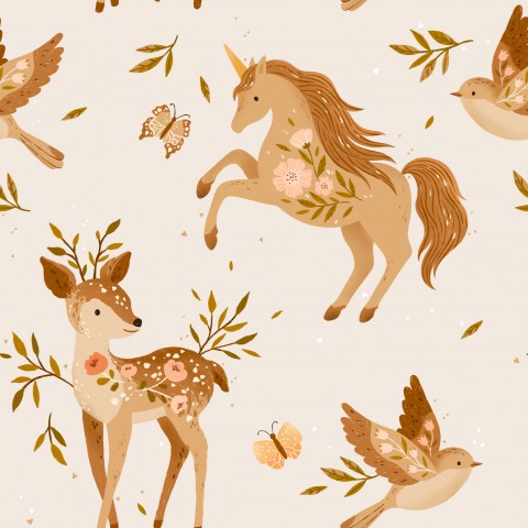 Wasserdichter Stoff Woodland deer Floral unicorn Beige
