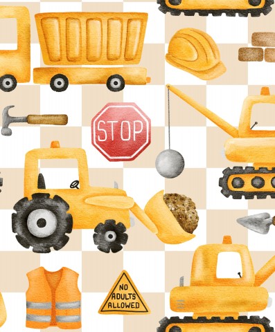 Wasserdichter Stoff Yellow Construction Vehicles Beige Check