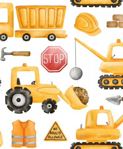Wasserdichter Stoff Yellow Construction Vehicles on White