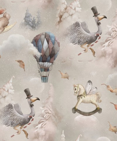 Papier peint en satin de coton sans couture avec des oiseaux et une montgolfière