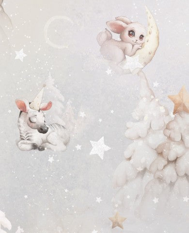 Satin de coton à l'image d'un papier peint avec des animaux et des étoiles