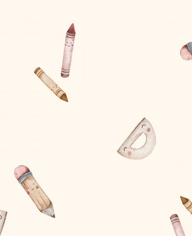 Canvas cotton a pattern of pencils and erasers on a beige background